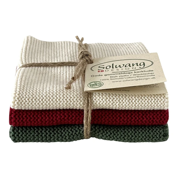 Solwang Design – vaatdoekjes – Nature, deep red and green combi  – set van 3